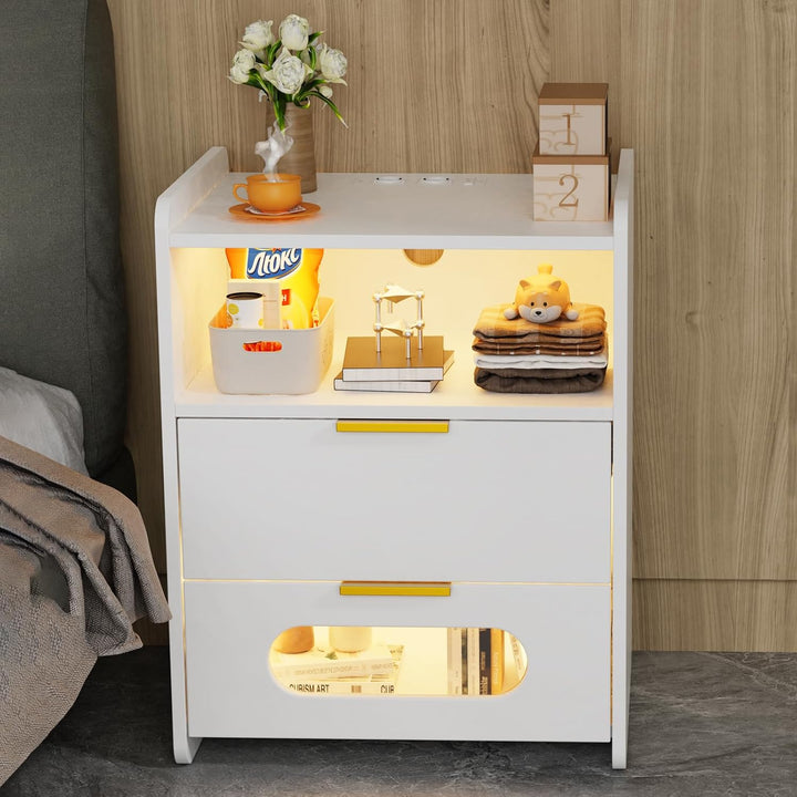 Led Nachttisch mit Ladestation, Nachtschrank mit Steckdose & USB-Anschlüssen, Nachttisch mit Offene