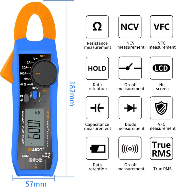 OWON CM2100 Digitales Stromzangenmessgerät Smart Electrical Tester 600V AC/DC True RMS VFC Diodenmul