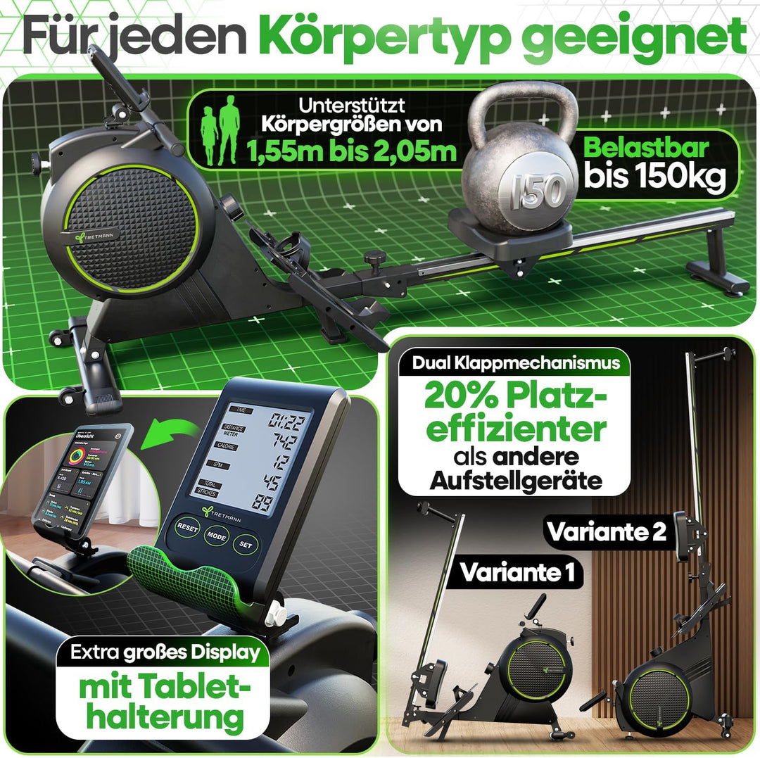 NEU Tretmann Rudergerät für Zuhause Set - extra leise- [Wirbelstrombremse2.0] bis 150KG Zertifiziert