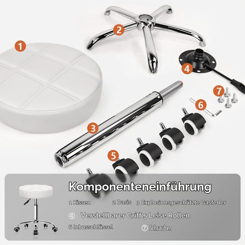 KKTONER Rollhocker Barhocker Arbeitshocker höhenverstellbar 51-67cm drehbar aus Kunstleder Weiss, We