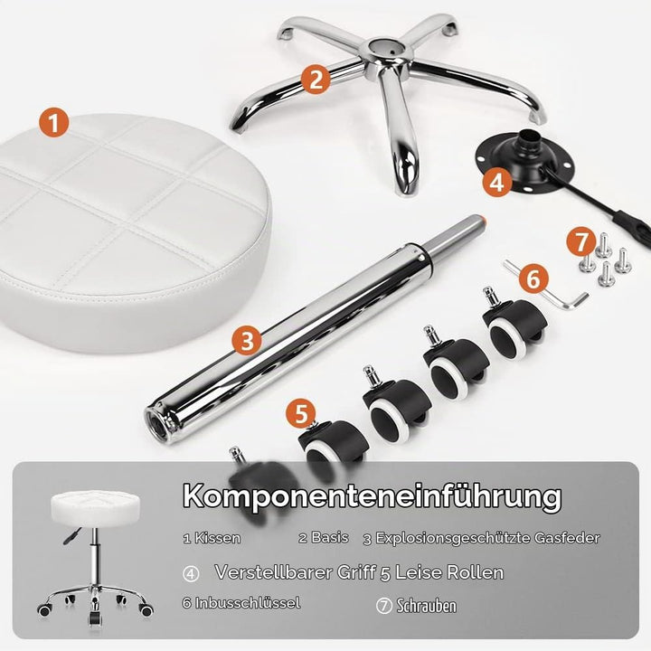KKTONER Rollhocker Barhocker Arbeitshocker höhenverstellbar 51-67cm drehbar aus Kunstleder Weiss, We