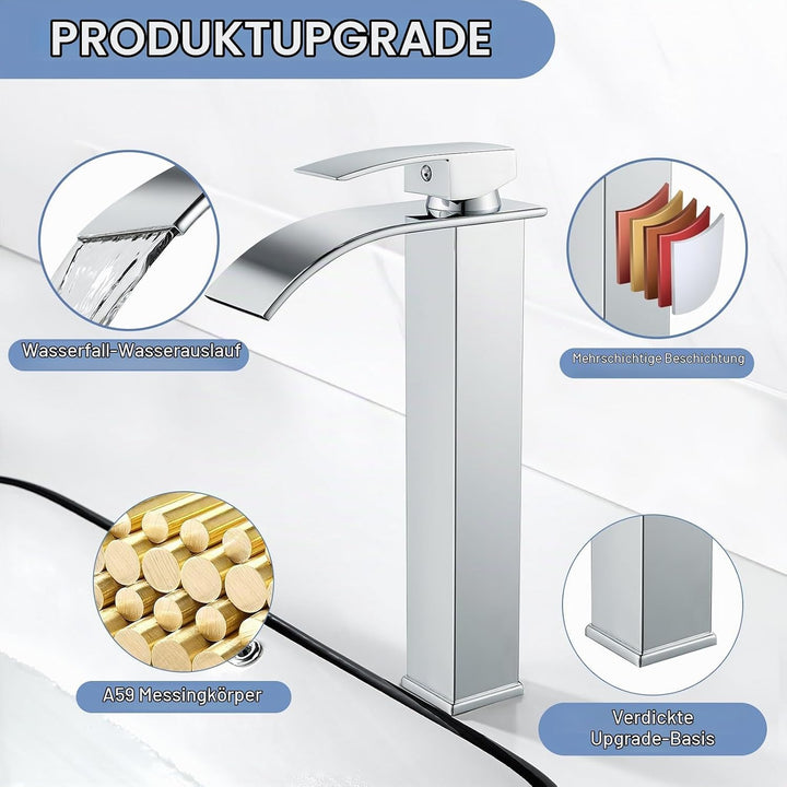 kisimixer Modern Wasserfall Wasserhahn Bad Hoch, Waschtischarmatur Hoch Wasserfall Aufsatzwaschbecke