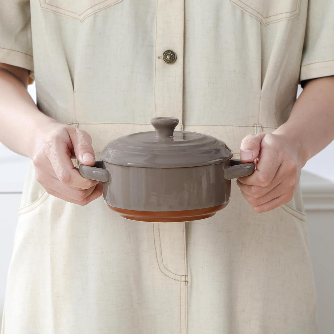 MALACASA Mini Cocotte Set 440 ml, 4 Stück Auflaufform Klein aus Steingut mit Deckel und Griffen, für