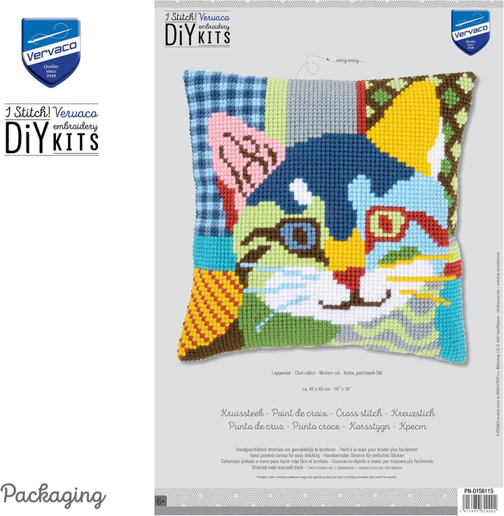 Vervaco Kreuzstichkissen Katze, Patchwork Stil, Stickbild vorgezeichnet Kreuzstichpackung Kissen, vo