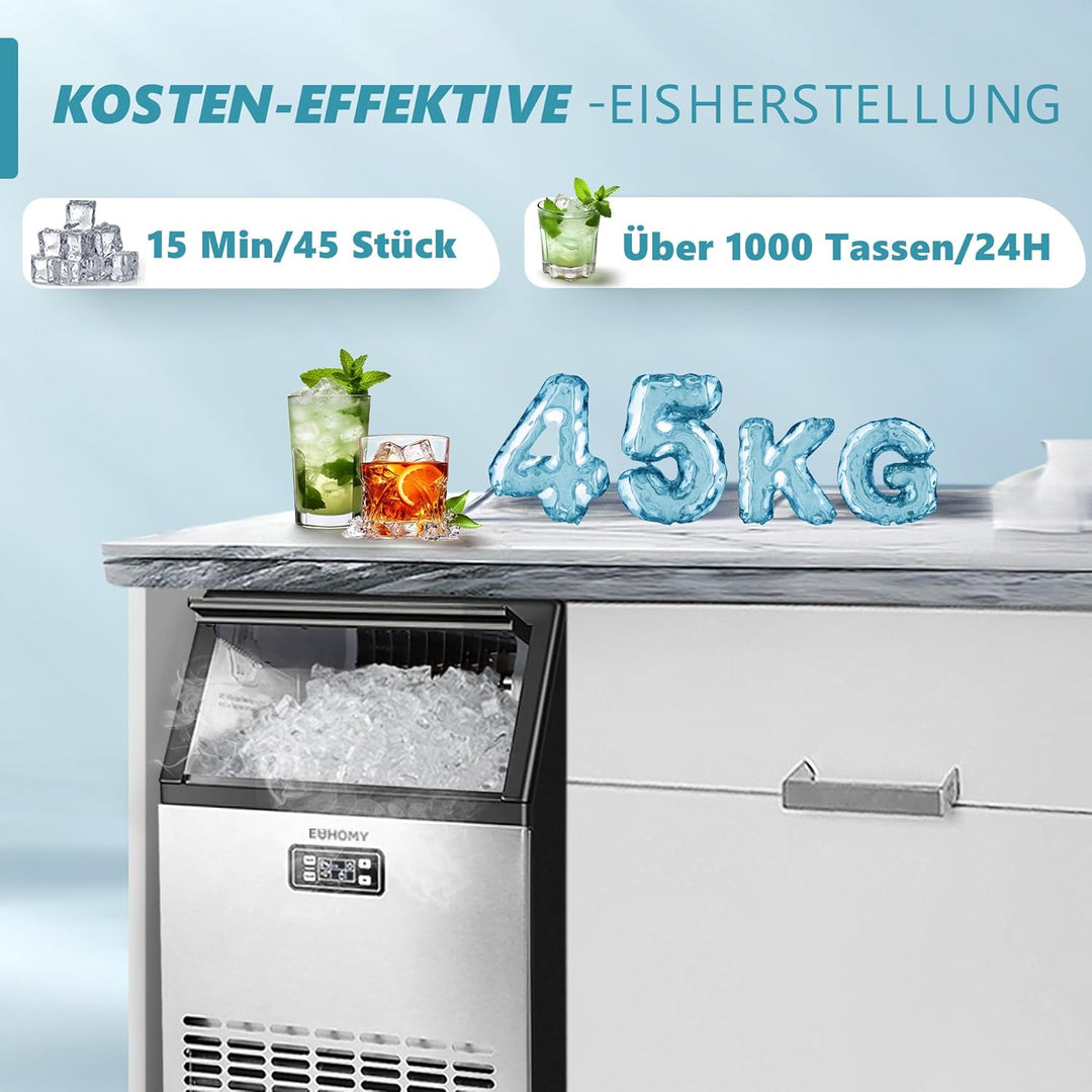 EUHOMY Gewerbliche Eiswürfelmaschine, 45 kg/24 Std. Edelstahl Untertisch-Eismaschine mit 15 kg Eisla