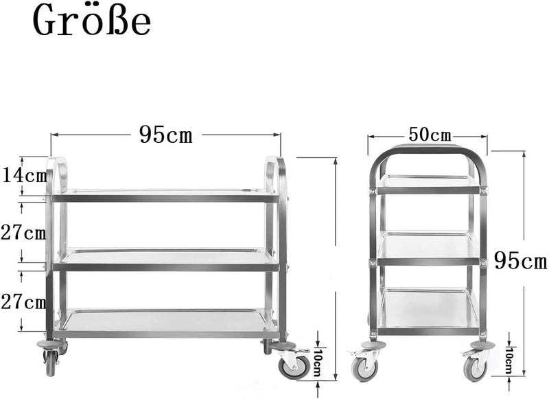 uyoyous Servierwagen 95x50x95cm Edelstahl 3 böden Küchenwagen Transportwagen Edelstahl mit 4 360° dr