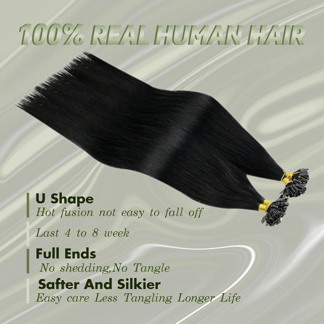 RUNATURE Bondings Extensions Echthaar 60cm Lang Haarverlangerung Echthaar Bondings Schwarz 50g 50s K
