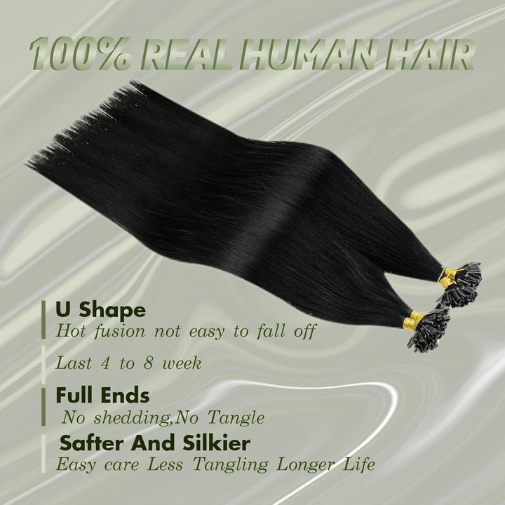 RUNATURE Bondings Extensions Echthaar 60cm Lang Haarverlangerung Echthaar Bondings Schwarz 50g 50s K
