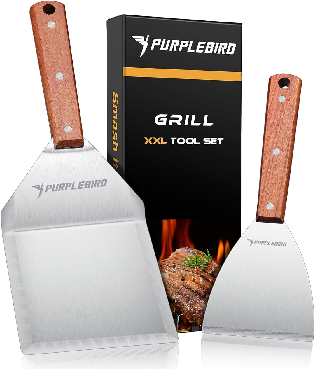 PURPLEBIRD Grillspachtel Set aus Edelstahl, Plancha Spachtels Set mit Gross Grillwender für Smash Bu