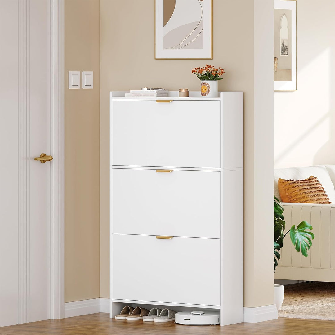 Hzuaneri Schuhschrank mit 3 Klappen, Schuhregal, Schuhkipper Schmal, Verstellbar, Schuhaufbewahrung,
