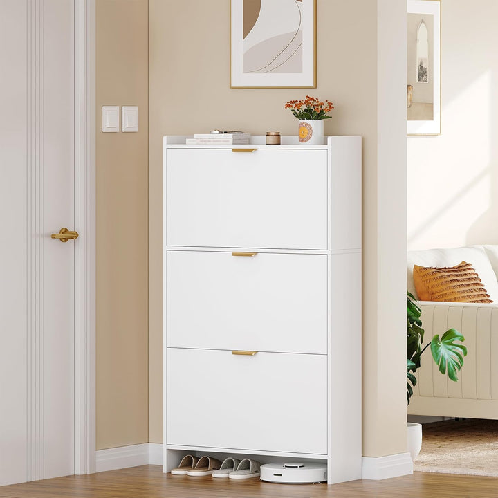 Hzuaneri Schuhschrank mit 3 Klappen, Schuhregal, Schuhkipper Schmal, Verstellbar, Schuhaufbewahrung,