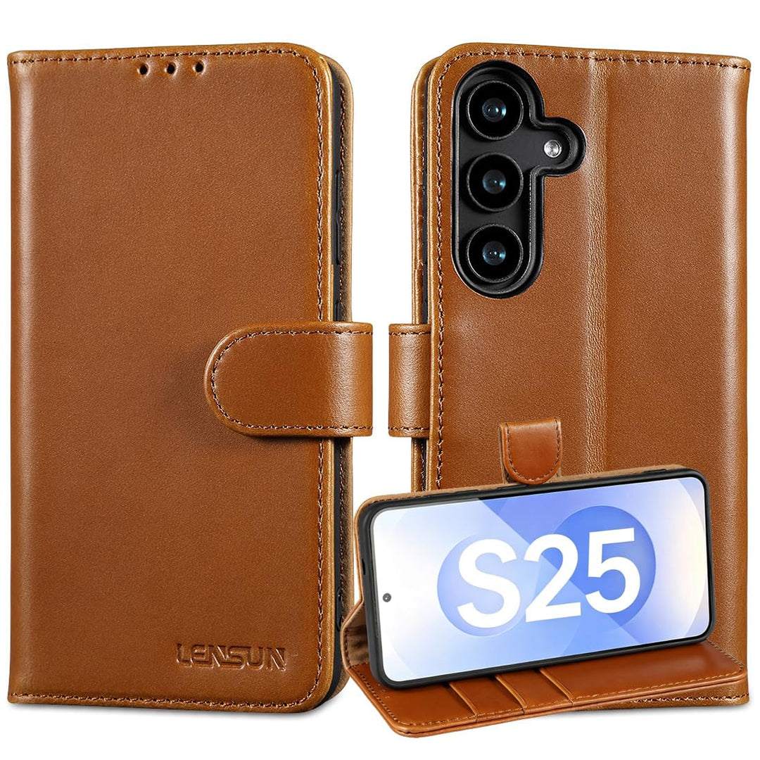 LENSUN Lederhülle für Samsung Galaxy S25 Echtleder, Handyhülle [Brieftasche][RFID Schutz][Standfunkt