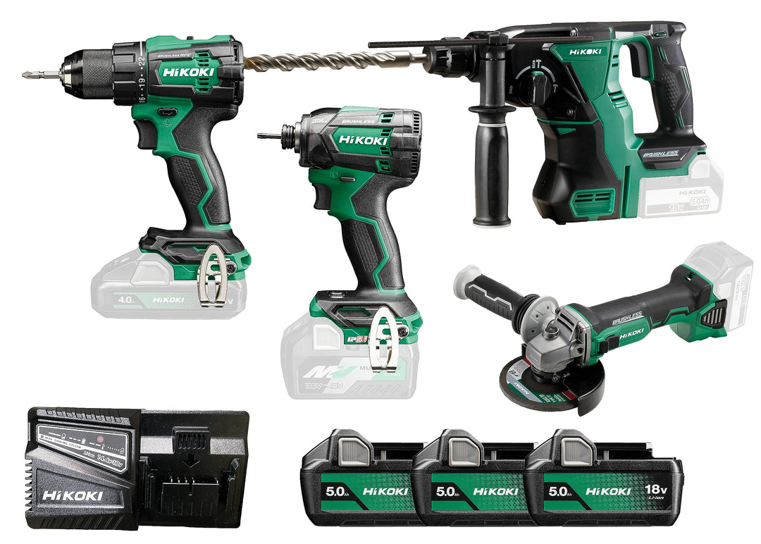 HiKOKI Brushless Combo-Kit KC18DE (Winkelschleifer, Bohrschrauber, Schlagschrauber, Bohrhammer, 3x 1