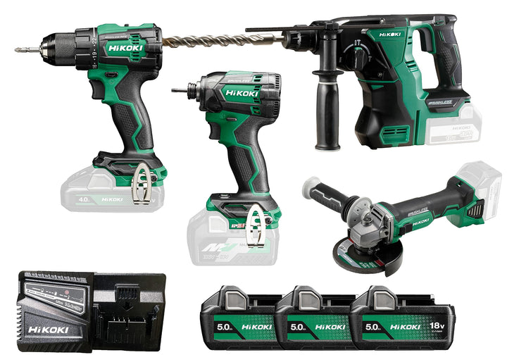 HiKOKI Brushless Combo-Kit KC18DE (Winkelschleifer, Bohrschrauber, Schlagschrauber, Bohrhammer, 3x 1