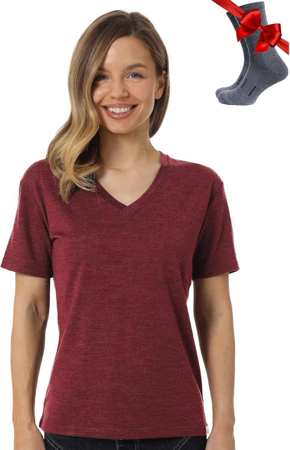 Merino.tech 100% Merino T Shirt Damen - Merinowolle Sport Wandern Thermoshirt Damen + Wandersocken B