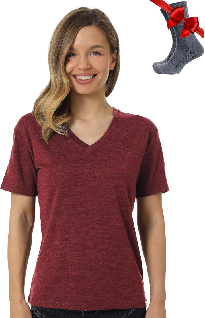 Merino.tech 100% Merino T Shirt Damen - Merinowolle Sport Wandern Thermoshirt Damen + Wandersocken B