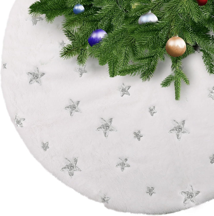 KONVINIT Weihnachtsbaumdecke Round Christbaumdecke Weiss Luxus Kunstfell Weihnachtsbaumrock mit Pail