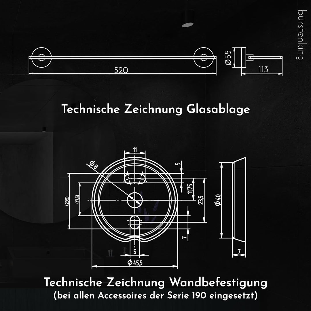 Bürstenking Glasablage 52 cm, stilvolles Glasregal fürs Badezimmer, einfache Wandmontage, ideal für