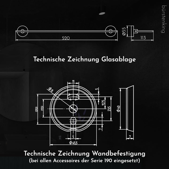 Bürstenking Glasablage 52 cm, stilvolles Glasregal fürs Badezimmer, einfache Wandmontage, ideal für