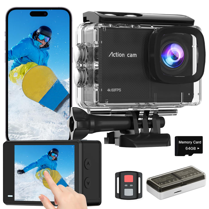Touchscreen 4K60FPS Action Cam, Unterwasserkamera mit 64G SD Karte 48MP HD WiFi Kamera mit EIS 40M W