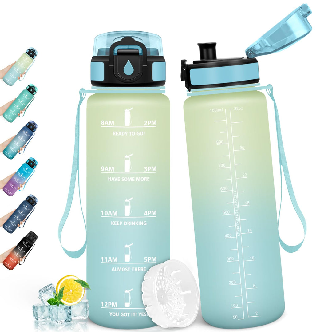 HoneyHolly Trinkflasche 1L, Auslaufsicher mit Zeitmarkierung, Wasserflasche, Sportflasche mit Filter