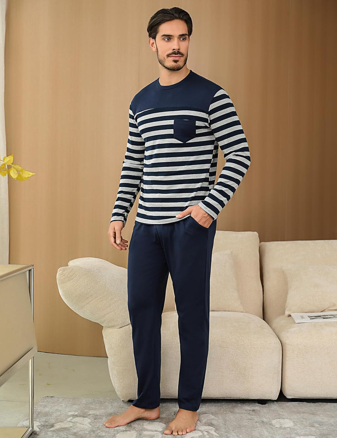 Irdcomps Schlafanzug Lang Herren Pyjamas Baumwolle Winter Warm Langarm Pyjamas Set Männer Hausanzug