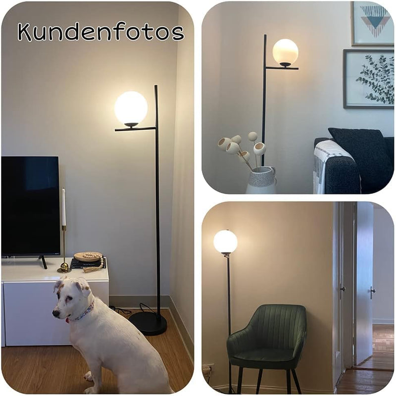 Depuley LED Stehlampe Wohnzimmer, Stehlampe schwarz mit Glaskugel & Fussschalter, E27 Fassung, Augen