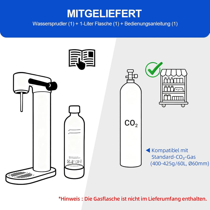 Wassersprudler Weiss inkl. 1 Liter Flasche, Stylisch und platzsparend, Höhe 42,3 cm 192, 192