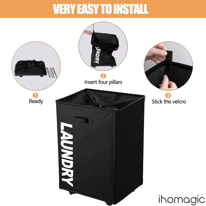 IHOMAGIC Wäschekorb mit Rädern Grosse 65L, Zusammenklappbarer Rollender Wäschekorbe aus Oxford Stoff
