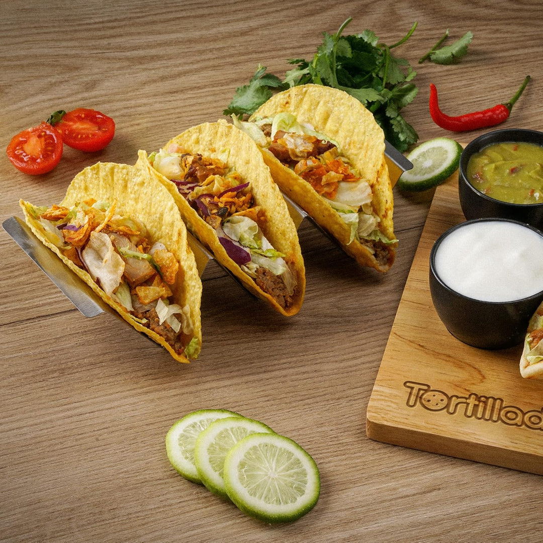 Tortillada - Taco Halter Set/Hotdog Halterung im Set aus Edelstahl für bis zu 6 Tacos - inkl. Servie