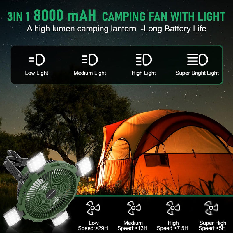 Qoosea Camping Ventilator 3 IN 1 8000mAh Campingventilator Leise mit LED Licht für Zelt USB Tischven