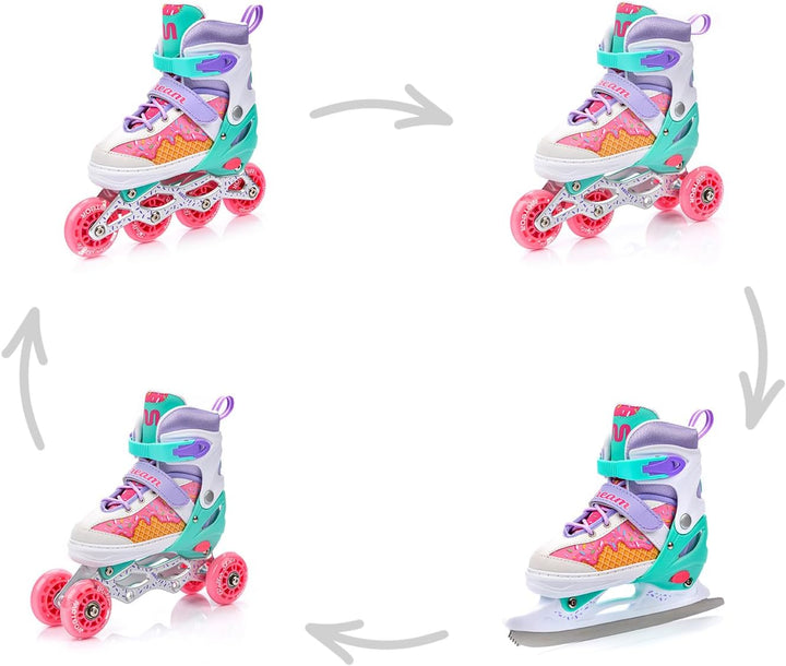 meteor verstellbare 4‑in‑1 Kinder Inline-Skates – Rollschuhe Inliner Schlittschuhe – ABEC‑7 PU‑Räder