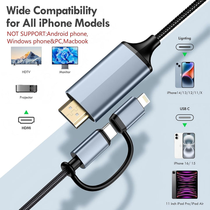 lulaven 2-in-1 IP &amp; Typ C zu HDMI Kabel 2M, HDMI Kabel für iPhone, Duale Schnittstelle für alle iPho