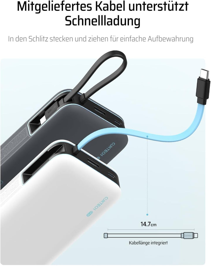 CUKTECH 20000mah Power Bank, 45W Powerbank mit Integriertem USB-C Kabel, Externe Handyakkus mit Schn