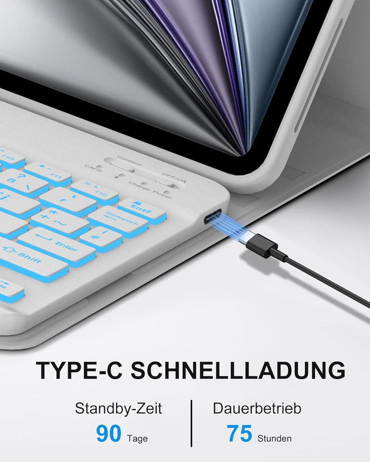 Für iPad Air 11 (2026/2025/2024) (M4/M3/M2) Hülle mit Keyboard, Beleuchtete Tastatur mit 7 Farben, B