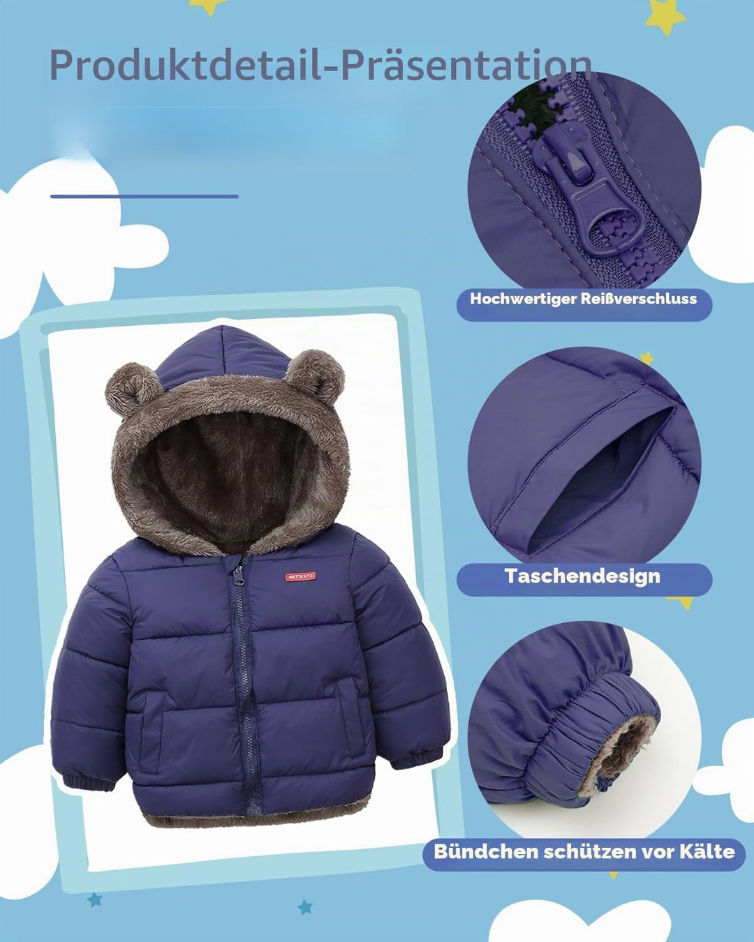 Baby Winter Fleece Mantel Kinder Jungen Jacke Outwear Mädchen Gepolstert Kleidung 1-2 Jahre Blau, 1-