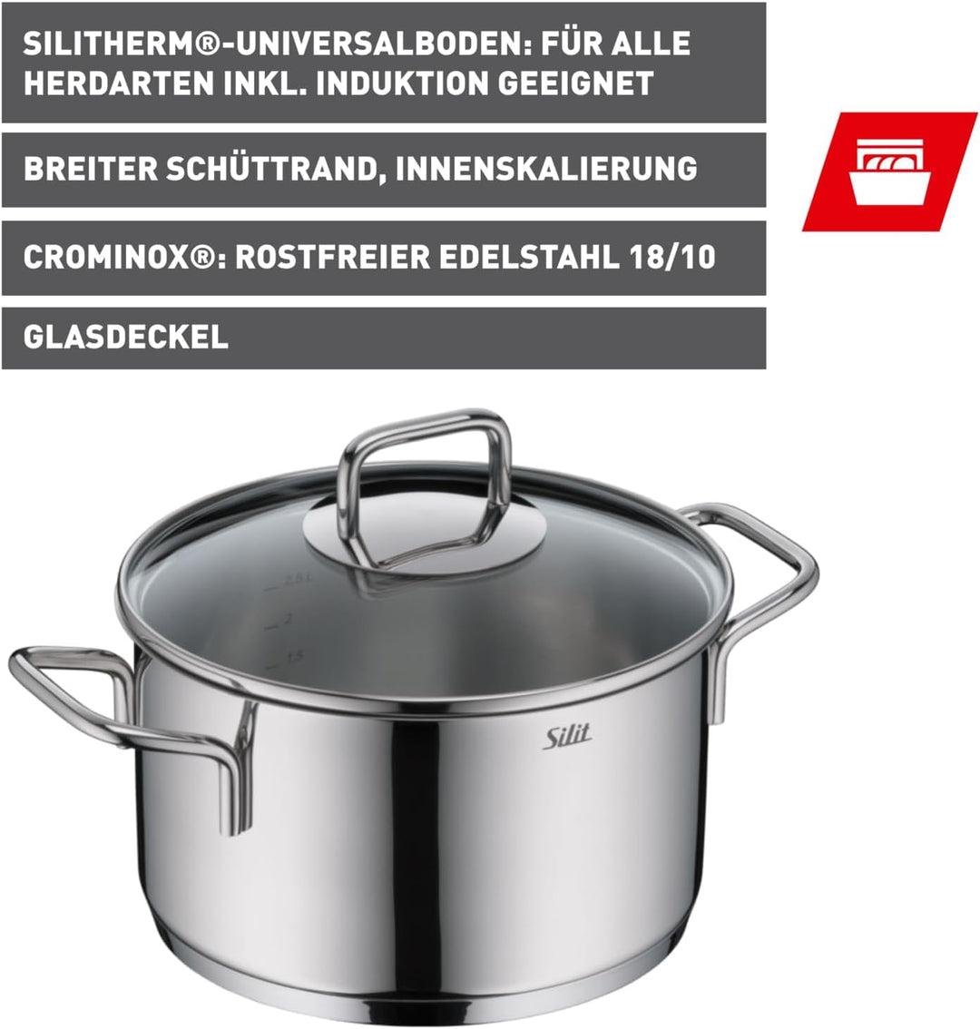 Silit Extra Cook, Kochtopf 20 cm mit Glasdeckel, Innenskalierung, breiter Schüttrand, hochwertiger s
