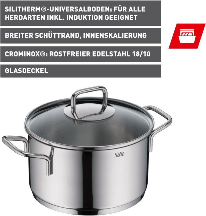 Silit Extra Cook, Kochtopf 20 cm mit Glasdeckel, Innenskalierung, breiter Schüttrand, hochwertiger s