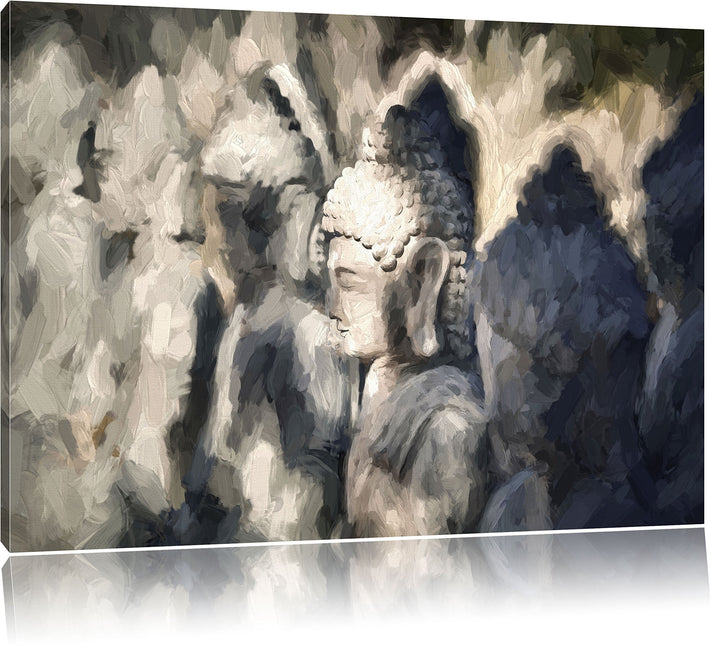 Pixxprint Buddha-Statuen in Einer Reihe / 100x70cm Leinwandbild bespannt auf Holzrahmen/Wandbild Kun