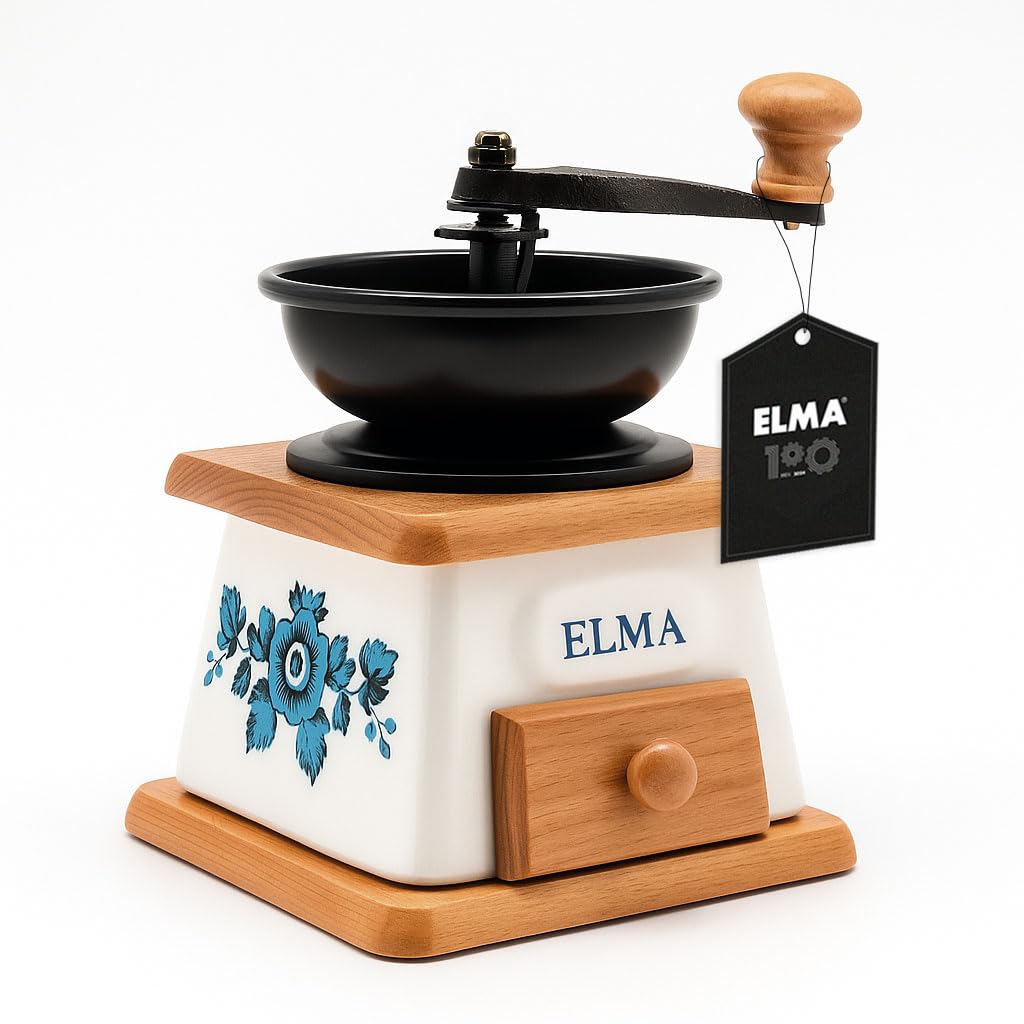 ELMA Manuelle Kaffeemühle aus Keramik für dekorative Zwecke, Retro-Vintage-Stil, braun auf Holz, Han