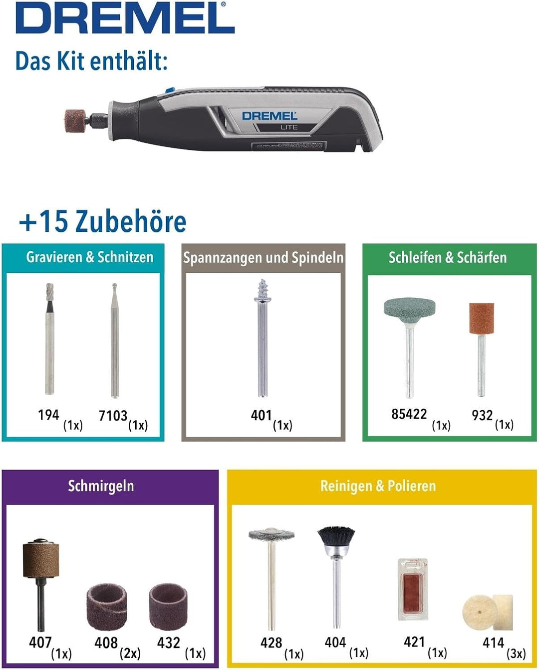 Dremel Lite 7760 Akku Multifunktionswerkzeug 3.6V, Set mit 15 Zubehörteilen, Variable Drehzal 8.000-