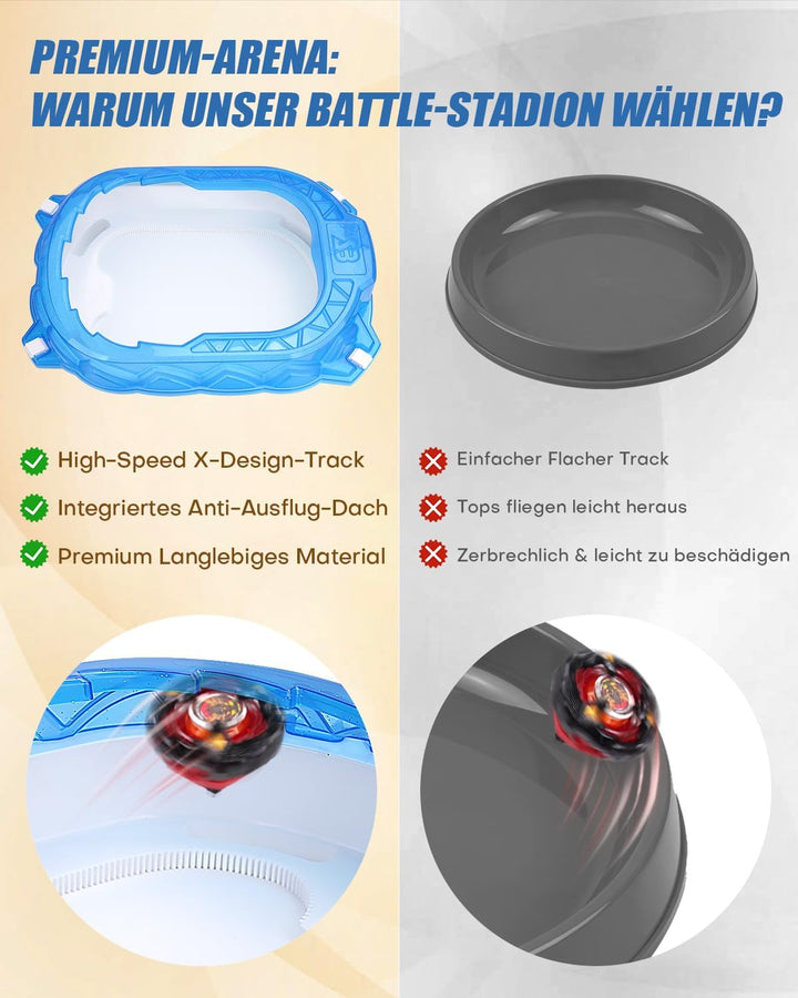 X-Arena Starter-Set – 6 Battle-Tops mit 2 Startern, Beschleunigungsbahn & Schutzdach, Geschenk für J