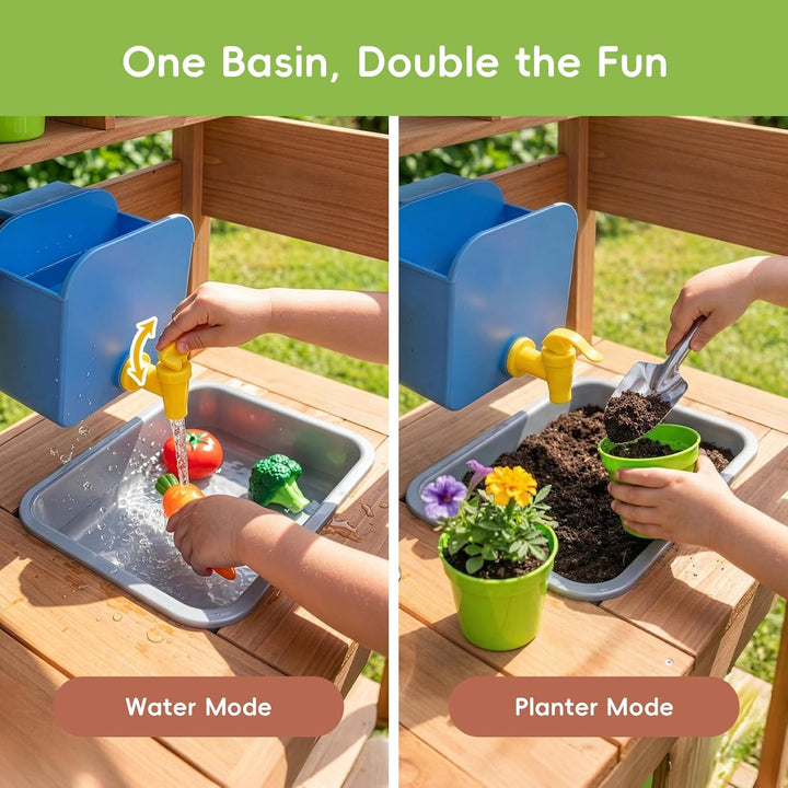 OOOK Outdoor Spielküche, Grosse Matschküche Outdoor aus Holz, Gartenspielküche mit Gartenspüle, Töpf