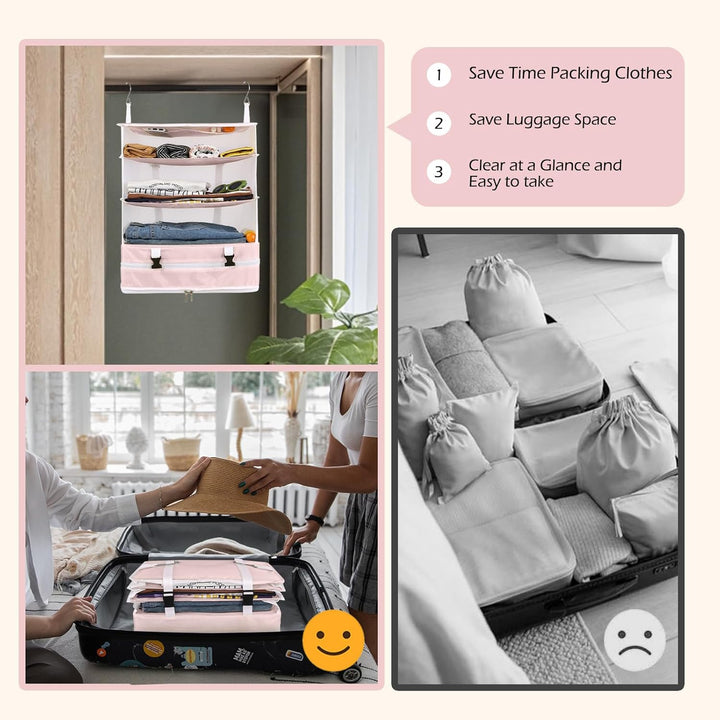 Surblue Kleiderschrank-Organizer zum Aufhängen 3 Ebenen faltbar, waschbarer Oxford-Stoff mit 2 Haken