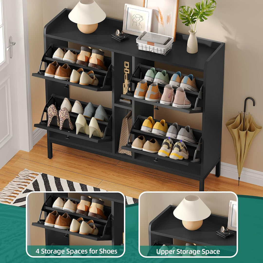 YITAHOME Schuhschrank Schmal mit 4 Klappen, 108 x 27.5 x 95.5 cm für 16 Paar Schuhe mit 2 Offene Reg