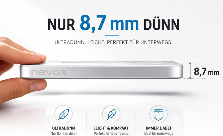nevox Wireless Magnetic Powerbank 5000mAh kompatibel mit MagSafe® – 15W kabelloses Schnellladen, Sta
