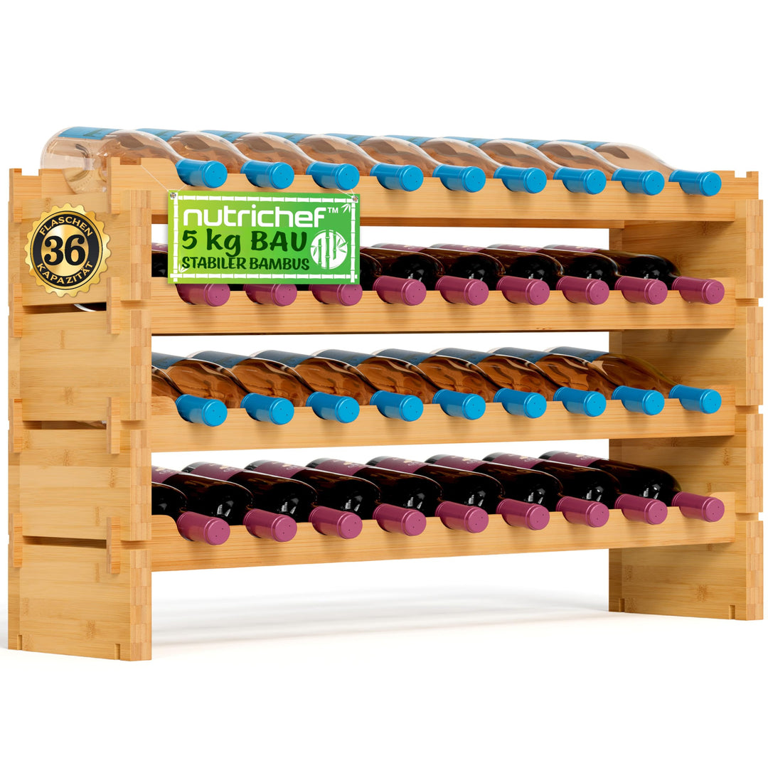 NutriChef Regal Schmal Weinregal aus Bambus Holz – 36 Flaschen, 4 Etagen – Stapelbares Flaschenregal