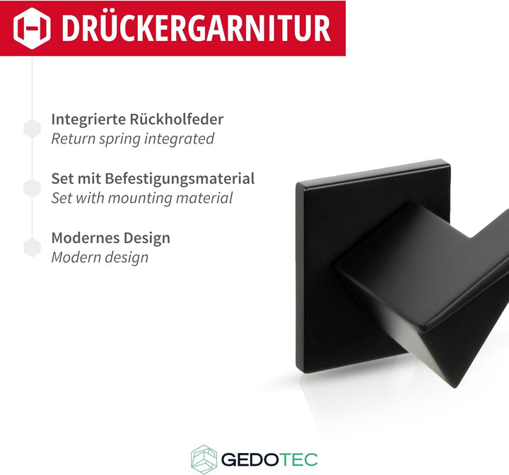 Gedotec Drückergarnitur Schwarz matt [BB - Buntbart] 1x Tür Beschläge Eckige-Rosette I Türgriffe Inn