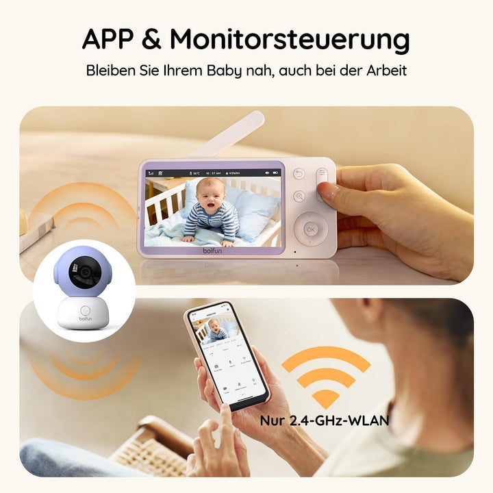 Boifun Babyphone mit Kamera und App, 5" 2K Bildschirm Babyfon, Weinen/Bewegungs/Geräuscherkennung,PT
