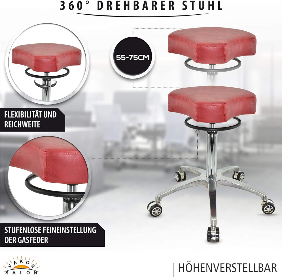 VAKON SALON - Design ergonomischer Rollhocker auf Rollen Rot - Höhenverstellbarer von 55 bis 75 cm -